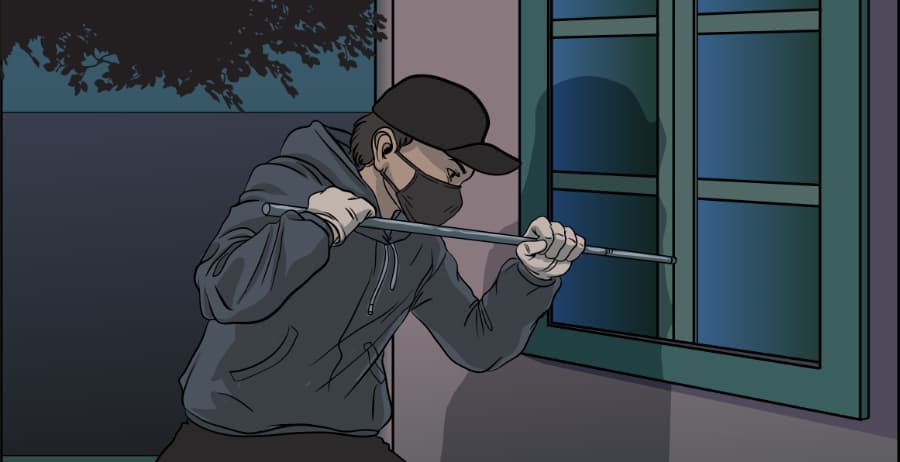 Illustration of burglar forcing entry through a window in Modesto